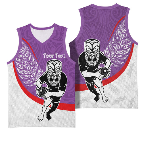 Personalised Aotearoa Lawn Bowls Basketball Jersey Maori Warrior and Silver Fern Sporty Style Purple