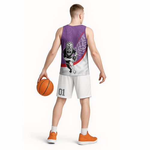 Personalised Aotearoa Lawn Bowls Basketball Jersey Maori Warrior and Silver Fern Sporty Style Purple