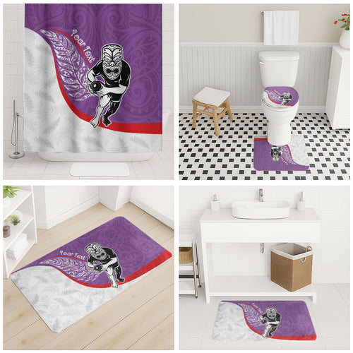 Personalised Aotearoa Lawn Bowls Bathroom Set Maori Warrior and Silver Fern Sporty Style Purple