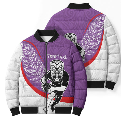 Personalised Aotearoa Lawn Bowls Bomber Puffer Jacket Maori Warrior and Silver Fern Sporty Style Purple