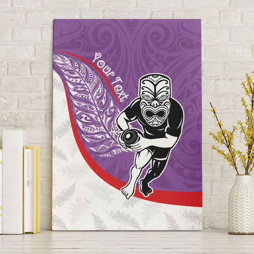 Personalised Aotearoa Lawn Bowls Canvas Wall Art Maori Warrior and Silver Fern Sporty Style Purple