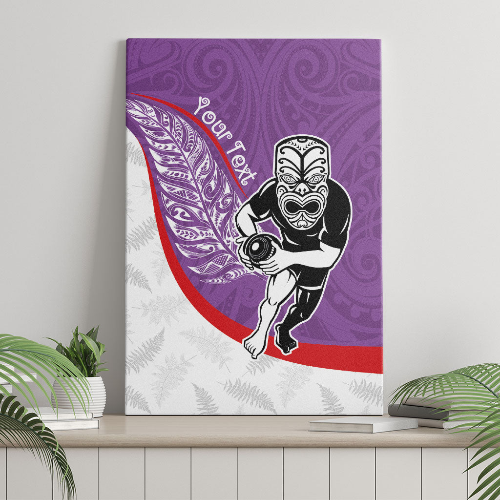 Personalised Aotearoa Lawn Bowls Canvas Wall Art Maori Warrior and Silver Fern Sporty Style Purple