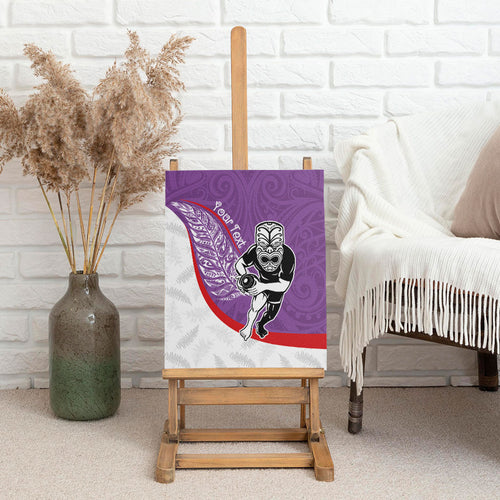 Personalised Aotearoa Lawn Bowls Canvas Wall Art Maori Warrior and Silver Fern Sporty Style Purple
