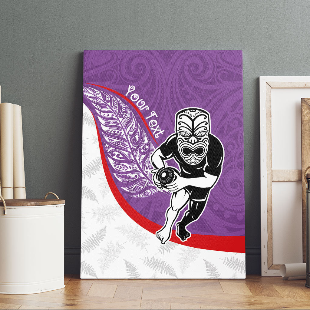 Personalised Aotearoa Lawn Bowls Canvas Wall Art Maori Warrior and Silver Fern Sporty Style Purple