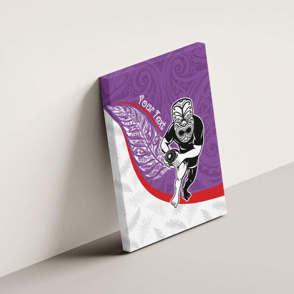 Personalised Aotearoa Lawn Bowls Canvas Wall Art Maori Warrior and Silver Fern Sporty Style Purple