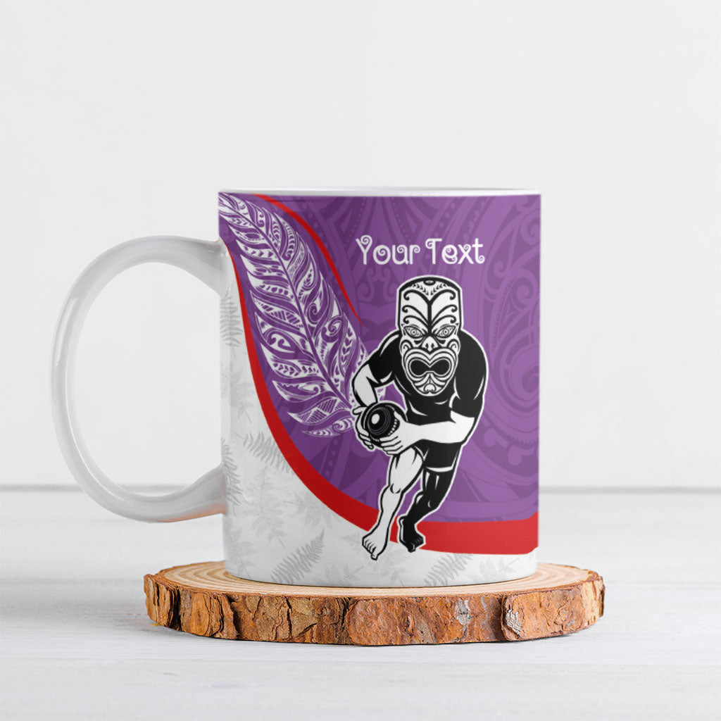 Personalised Aotearoa Lawn Bowls Ceramic Mug Maori Warrior and Silver Fern Sporty Style Purple