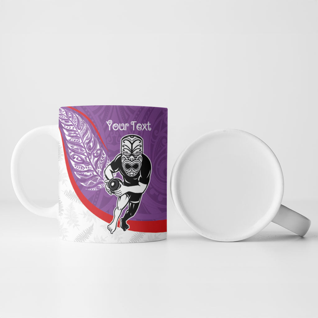 Personalised Aotearoa Lawn Bowls Ceramic Mug Maori Warrior and Silver Fern Sporty Style Purple
