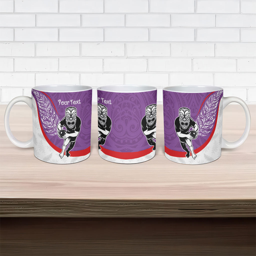 Personalised Aotearoa Lawn Bowls Ceramic Mug Maori Warrior and Silver Fern Sporty Style Purple