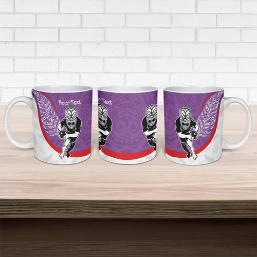 Personalised Aotearoa Lawn Bowls Ceramic Mug Maori Warrior and Silver Fern Sporty Style Purple