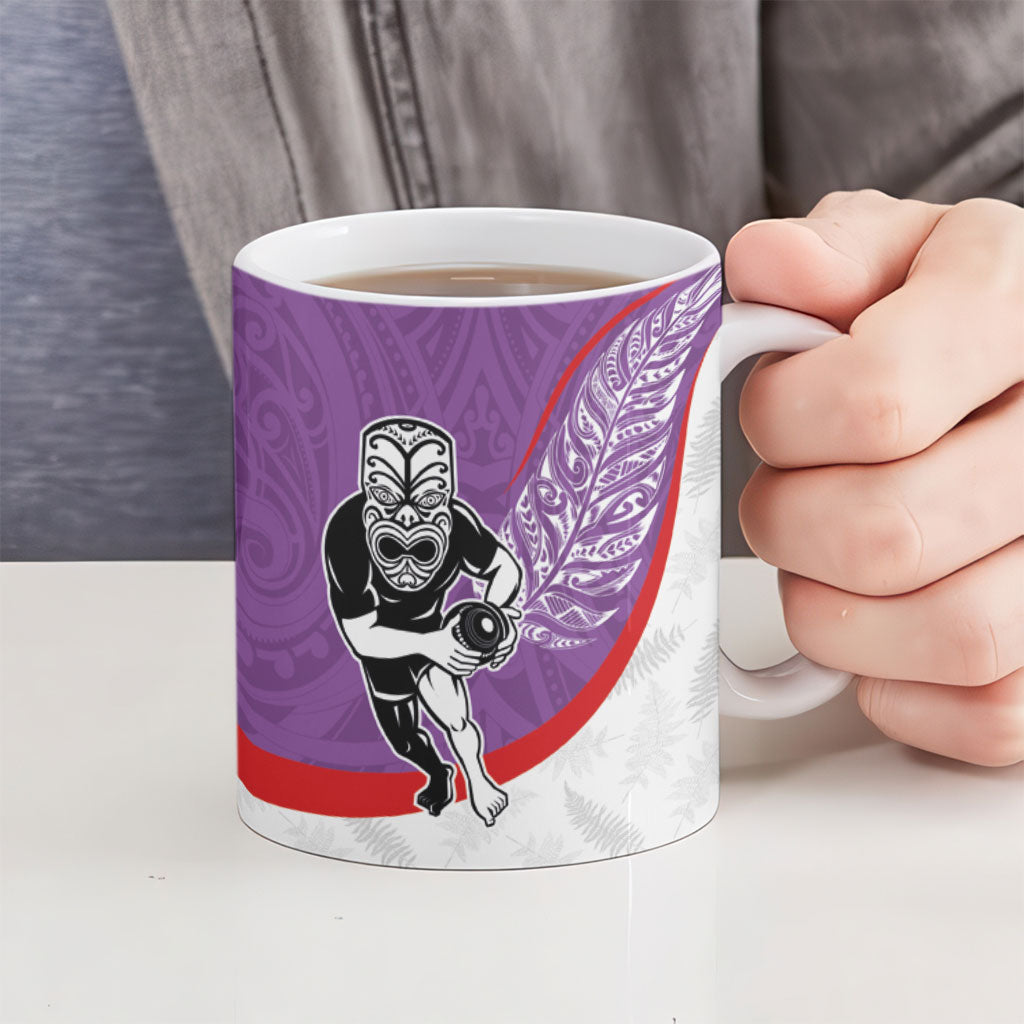 Personalised Aotearoa Lawn Bowls Ceramic Mug Maori Warrior and Silver Fern Sporty Style Purple