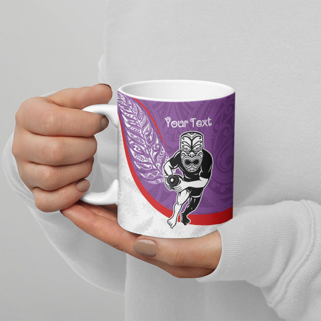 Personalised Aotearoa Lawn Bowls Ceramic Mug Maori Warrior and Silver Fern Sporty Style Purple