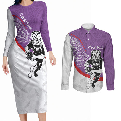 Personalised Aotearoa Lawn Bowls Couples Matching Long Sleeve Bodycon Dress and Long Sleeve Button Shirt Maori Warrior and Silver Fern Sporty Style Purple