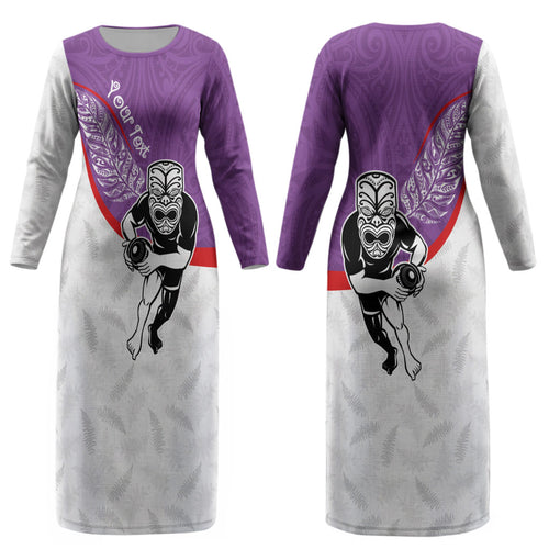 Personalised Aotearoa Lawn Bowls Couples Matching Long Sleeve Bodycon Dress and Long Sleeve Button Shirt Maori Warrior and Silver Fern Sporty Style Purple