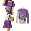 Personalised Aotearoa Lawn Bowls Couples Matching Mermaid Dress and Long Sleeve Button Shirt Maori Warrior and Silver Fern Sporty Style Purple