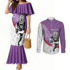 Personalised Aotearoa Lawn Bowls Couples Matching Mermaid Dress and Long Sleeve Button Shirt Maori Warrior and Silver Fern Sporty Style Purple