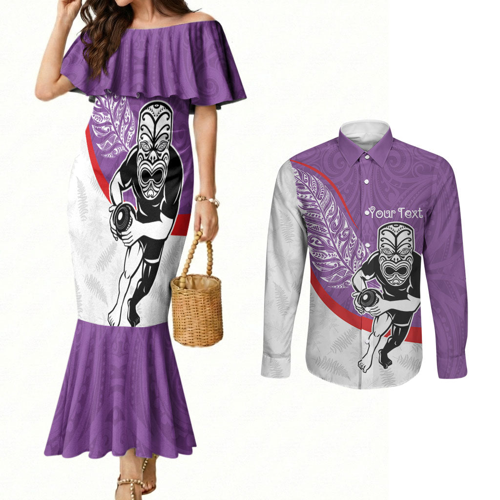 Personalised Aotearoa Lawn Bowls Couples Matching Mermaid Dress and Long Sleeve Button Shirt Maori Warrior and Silver Fern Sporty Style Purple