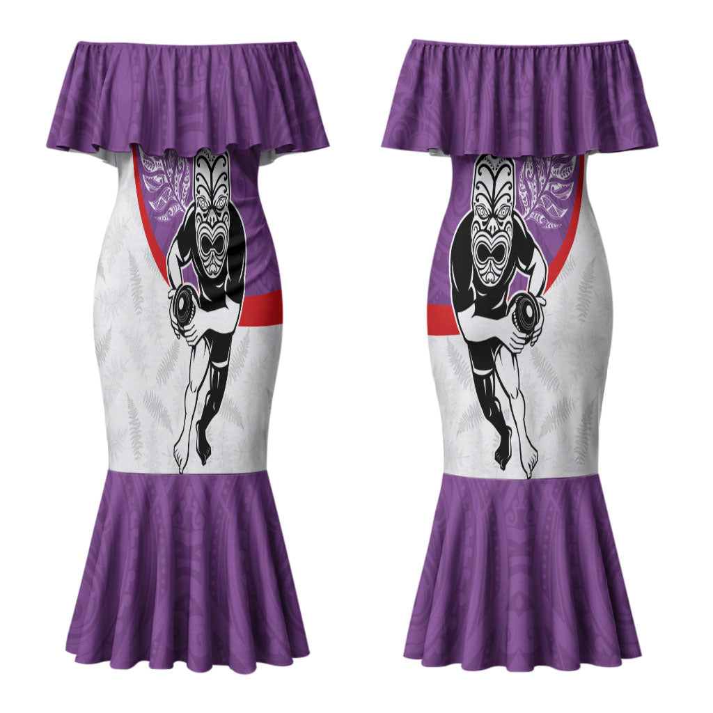 Personalised Aotearoa Lawn Bowls Couples Matching Mermaid Dress and Long Sleeve Button Shirt Maori Warrior and Silver Fern Sporty Style Purple