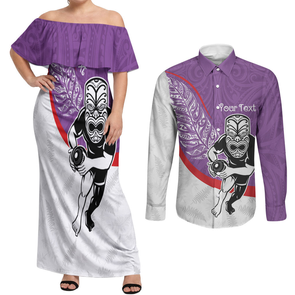 Personalised Aotearoa Lawn Bowls Couples Matching Off Shoulder Maxi Dress and Long Sleeve Button Shirt Maori Warrior and Silver Fern Sporty Style Purple
