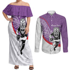 Personalised Aotearoa Lawn Bowls Couples Matching Off Shoulder Maxi Dress and Long Sleeve Button Shirt Maori Warrior and Silver Fern Sporty Style Purple