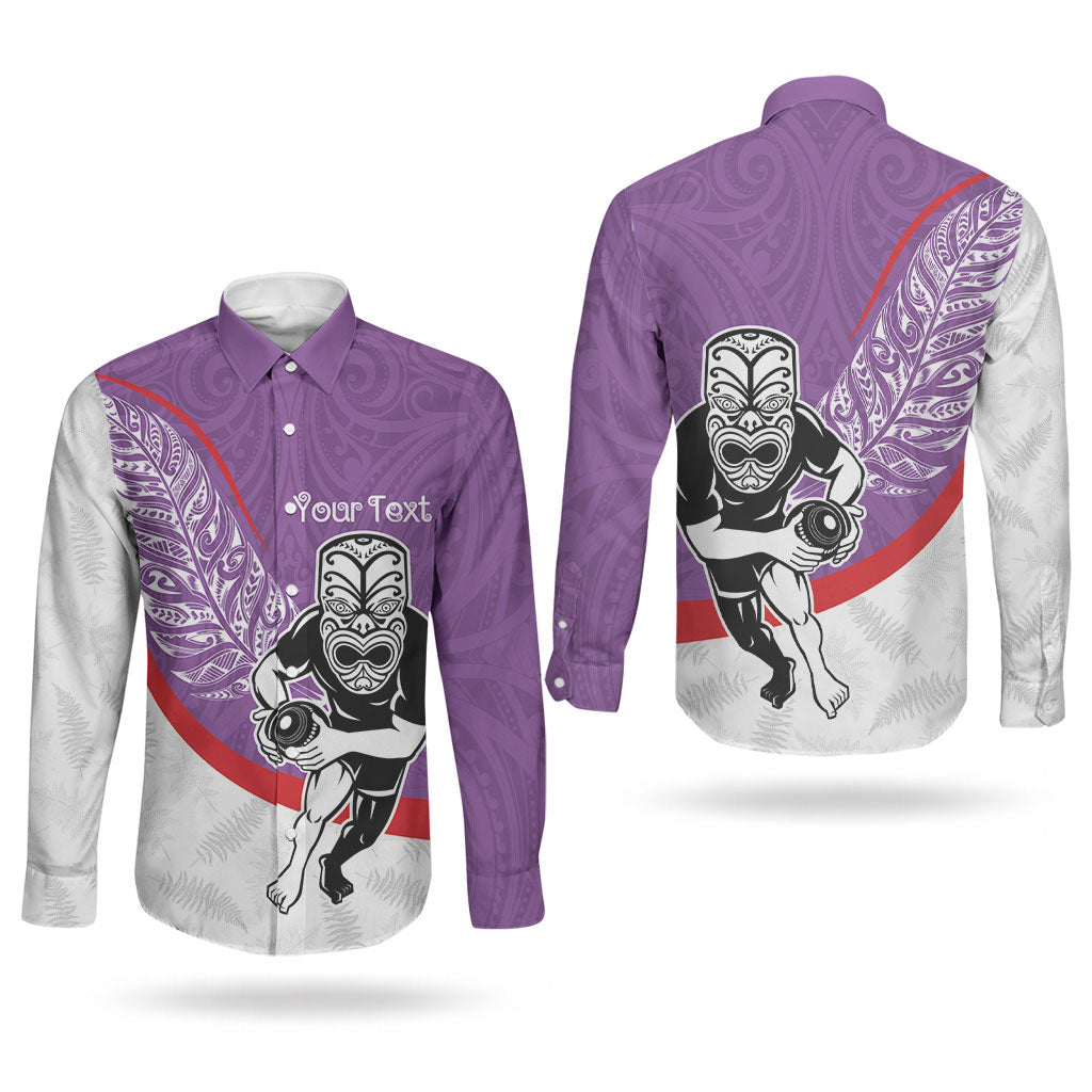 Personalised Aotearoa Lawn Bowls Couples Matching Off Shoulder Maxi Dress and Long Sleeve Button Shirt Maori Warrior and Silver Fern Sporty Style Purple