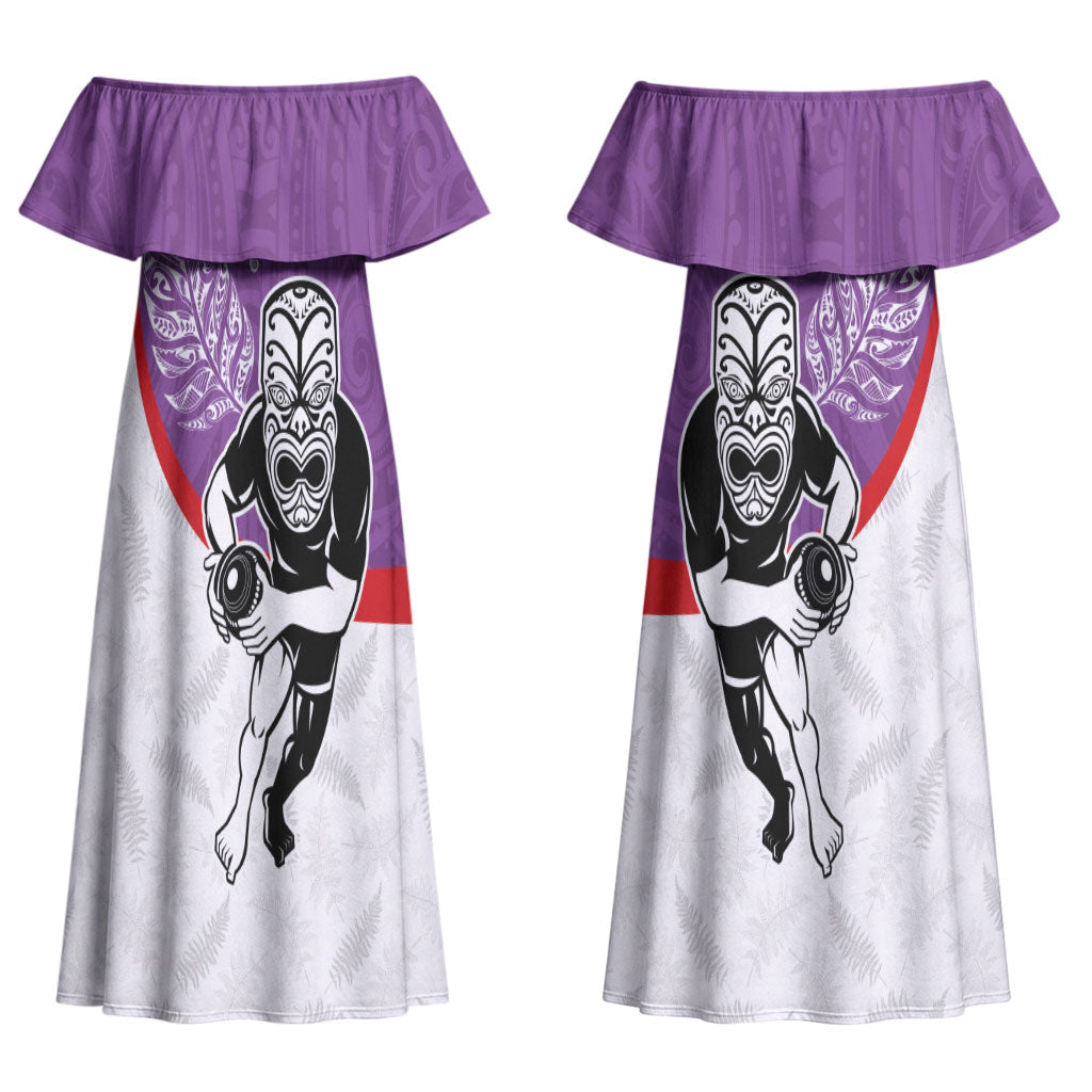 Personalised Aotearoa Lawn Bowls Couples Matching Off Shoulder Maxi Dress and Long Sleeve Button Shirt Maori Warrior and Silver Fern Sporty Style Purple