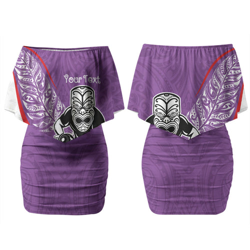 Personalised Aotearoa Lawn Bowls Couples Matching Off Shoulder Short Dress and Hawaiian Shirt Maori Warrior and Silver Fern Sporty Style Purple