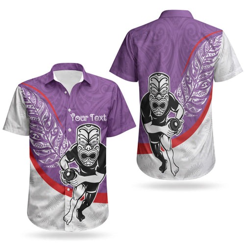 Personalised Aotearoa Lawn Bowls Couples Matching Off Shoulder Short Dress and Hawaiian Shirt Maori Warrior and Silver Fern Sporty Style Purple