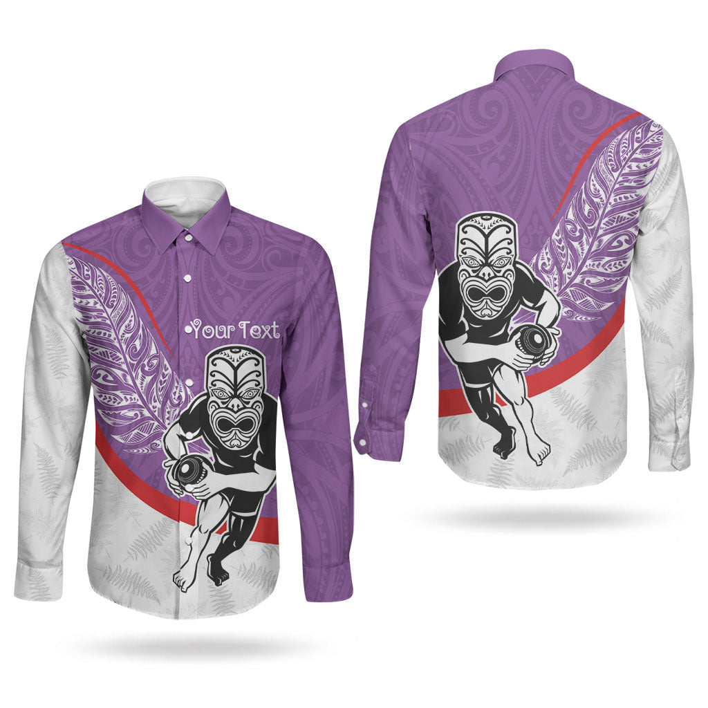 Personalised Aotearoa Lawn Bowls Couples Matching Off Shoulder Short Dress and Long Sleeve Button Shirt Maori Warrior and Silver Fern Sporty Style Purple