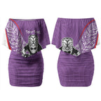 Personalised Aotearoa Lawn Bowls Couples Matching Off Shoulder Short Dress and Long Sleeve Button Shirt Maori Warrior and Silver Fern Sporty Style Purple