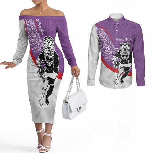 Personalised Aotearoa Lawn Bowls Couples Matching Off The Shoulder Long Sleeve Dress and Long Sleeve Button Shirt Maori Warrior and Silver Fern Sporty Style Purple