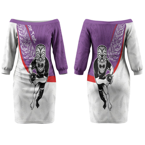 Personalised Aotearoa Lawn Bowls Couples Matching Off The Shoulder Long Sleeve Dress and Long Sleeve Button Shirt Maori Warrior and Silver Fern Sporty Style Purple