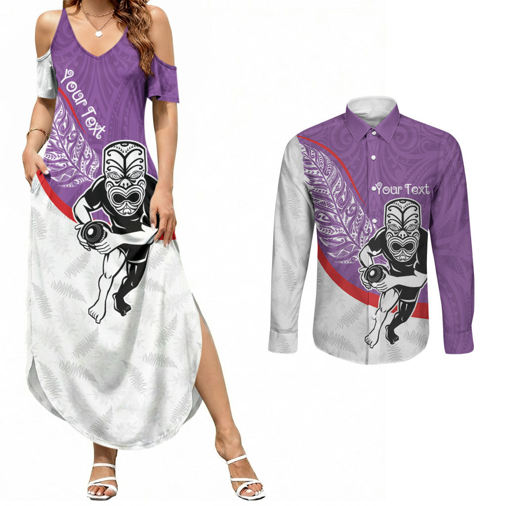 Personalised Aotearoa Lawn Bowls Couples Matching Summer Maxi Dress and Long Sleeve Button Shirt Maori Warrior and Silver Fern Sporty Style Purple