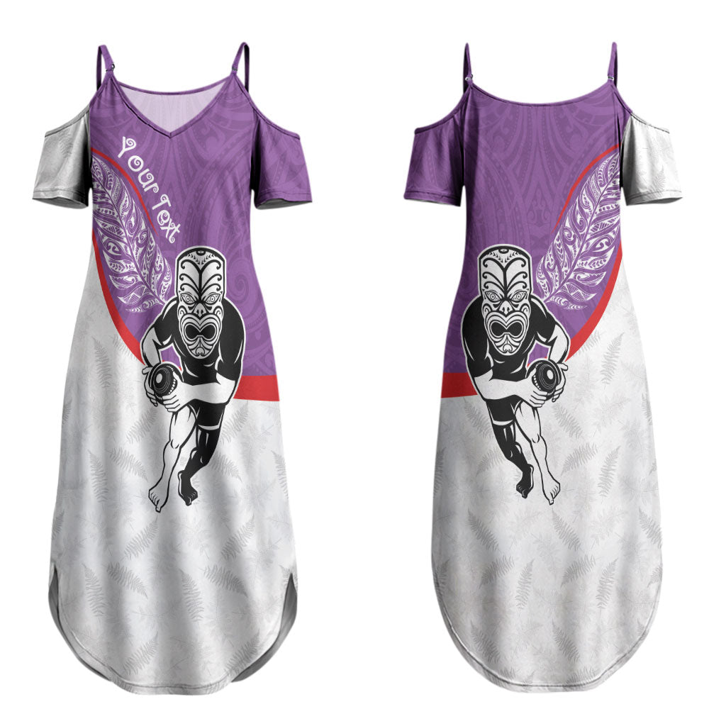 Personalised Aotearoa Lawn Bowls Couples Matching Summer Maxi Dress and Long Sleeve Button Shirt Maori Warrior and Silver Fern Sporty Style Purple
