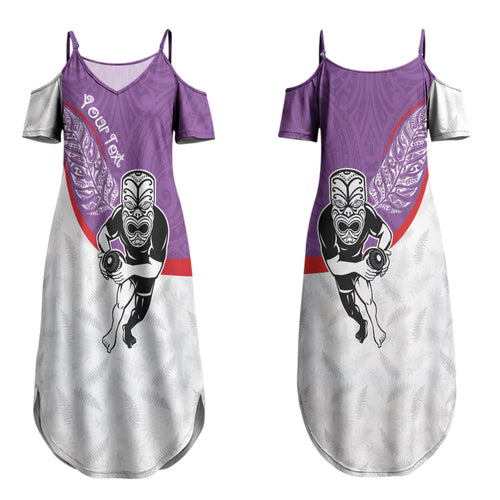 Personalised Aotearoa Lawn Bowls Couples Matching Summer Maxi Dress and Long Sleeve Button Shirt Maori Warrior and Silver Fern Sporty Style Purple
