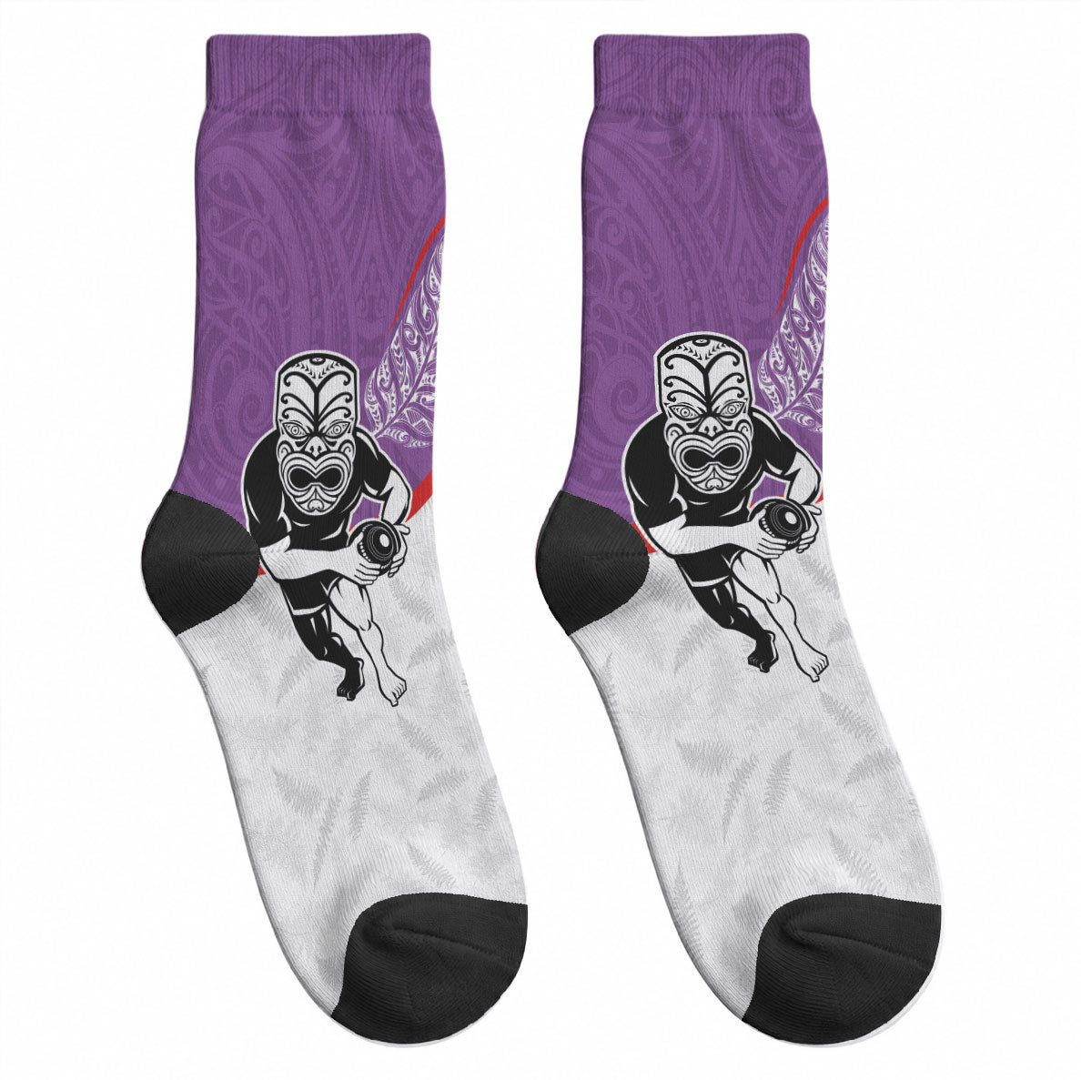 Aotearoa Lawn Bowls Crew Socks Maori Warrior and Silver Fern Sporty Style Purple