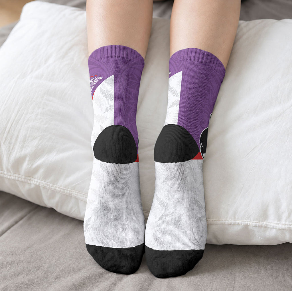Aotearoa Lawn Bowls Crew Socks Maori Warrior and Silver Fern Sporty Style Purple