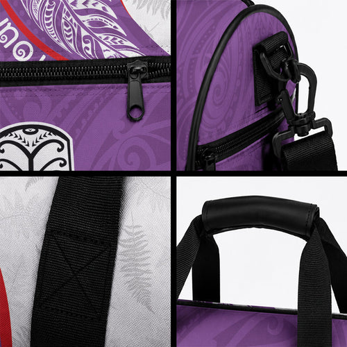 Personalised Aotearoa Lawn Bowls Duffle Bag Maori Warrior and Silver Fern Sporty Style Purple