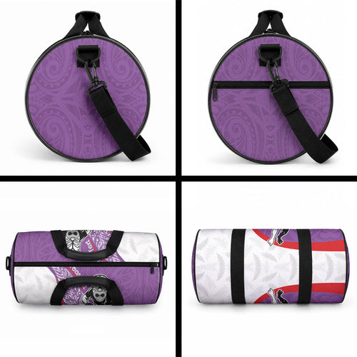 Personalised Aotearoa Lawn Bowls Duffle Bag Maori Warrior and Silver Fern Sporty Style Purple