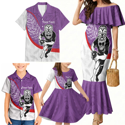 Personalised Aotearoa Lawn Bowls Family Matching Mermaid Dress and Hawaiian Shirt Maori Warrior and Silver Fern Sporty Style Purple