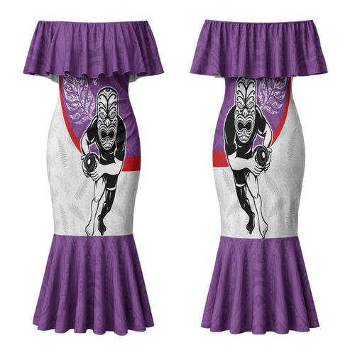 Personalised Aotearoa Lawn Bowls Family Matching Mermaid Dress and Hawaiian Shirt Maori Warrior and Silver Fern Sporty Style Purple