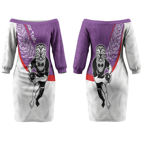 Personalised Aotearoa Lawn Bowls Family Matching Off The Shoulder Long Sleeve Dress and Hawaiian Shirt Maori Warrior and Silver Fern Sporty Style Purple