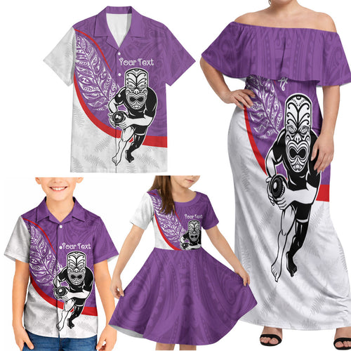 Personalised Aotearoa Lawn Bowls Family Matching Off Shoulder Maxi Dress and Hawaiian Shirt Maori Warrior and Silver Fern Sporty Style Purple