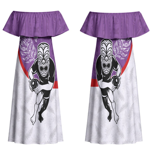 Personalised Aotearoa Lawn Bowls Family Matching Off Shoulder Maxi Dress and Hawaiian Shirt Maori Warrior and Silver Fern Sporty Style Purple