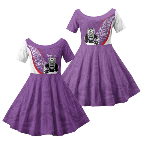 Personalised Aotearoa Lawn Bowls Family Matching Off Shoulder Maxi Dress and Hawaiian Shirt Maori Warrior and Silver Fern Sporty Style Purple