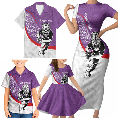 Personalised Aotearoa Lawn Bowls Family Matching Short Sleeve Bodycon Dress and Hawaiian Shirt Maori Warrior and Silver Fern Sporty Style Purple