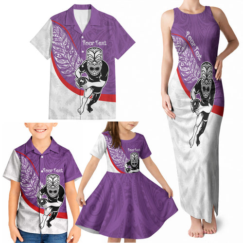 Personalised Aotearoa Lawn Bowls Family Matching Tank Maxi Dress and Hawaiian Shirt Maori Warrior and Silver Fern Sporty Style Purple