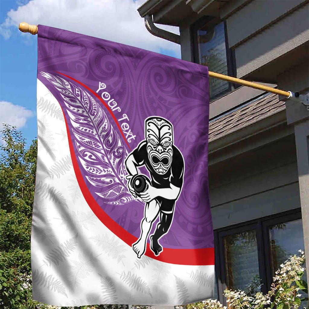 Personalised Aotearoa Lawn Bowls Garden Flag Maori Warrior and Silver Fern Sporty Style Purple