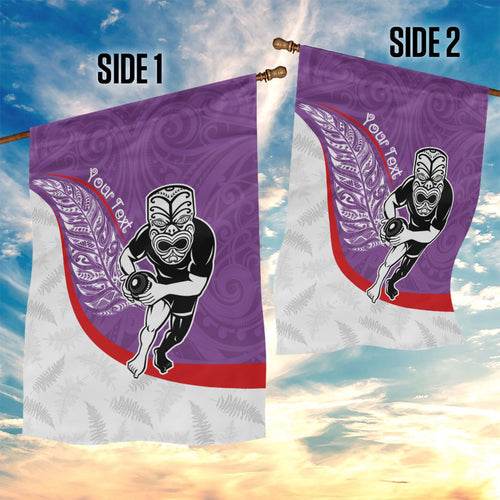 Personalised Aotearoa Lawn Bowls Garden Flag Maori Warrior and Silver Fern Sporty Style Purple
