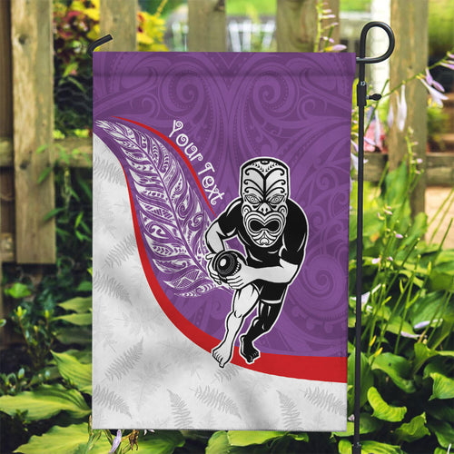 Personalised Aotearoa Lawn Bowls Garden Flag Maori Warrior and Silver Fern Sporty Style Purple