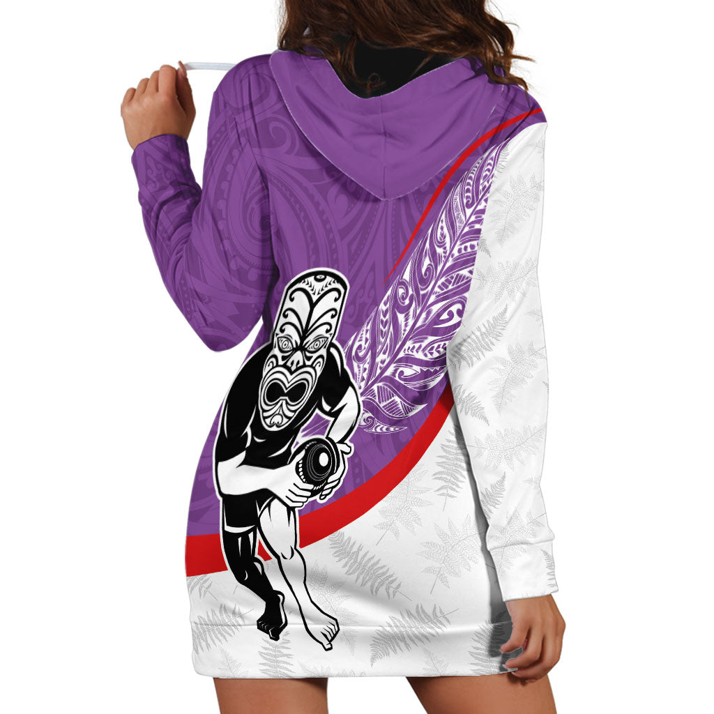 Personalised Aotearoa Lawn Bowls Hoodie Dress Maori Warrior and Silver Fern Sporty Style Purple